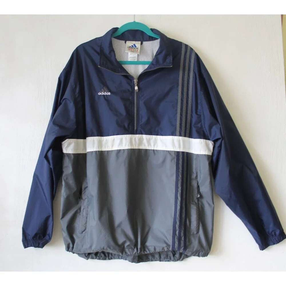 Adidas Jacket Men's L Navy Gray Half Zip Pullover Windbreaker Retro 90s Style